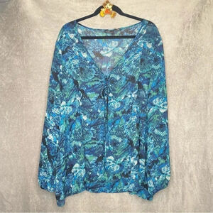 MIXIT 3X Top Shirt Blue Abstract Keyhole V Neck Long Sleeve Sheer Casual Womens